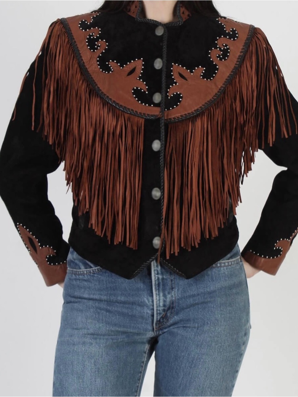 Black & Brown Suede Fringe Western Jacket - Women's Leather Jacket